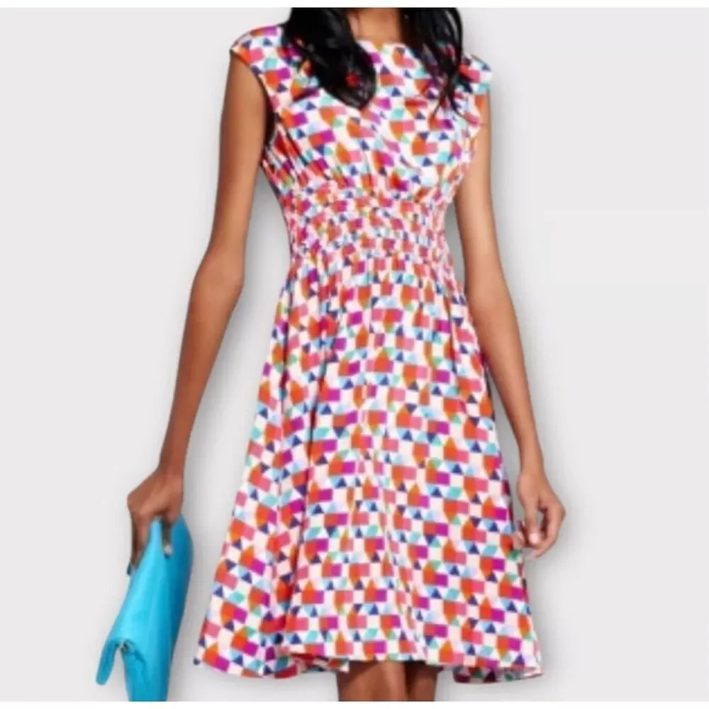 NWOT Kate Spade 100% Silk Abbey Sheath Geometric Fit & Flare Smocked Waist Dress